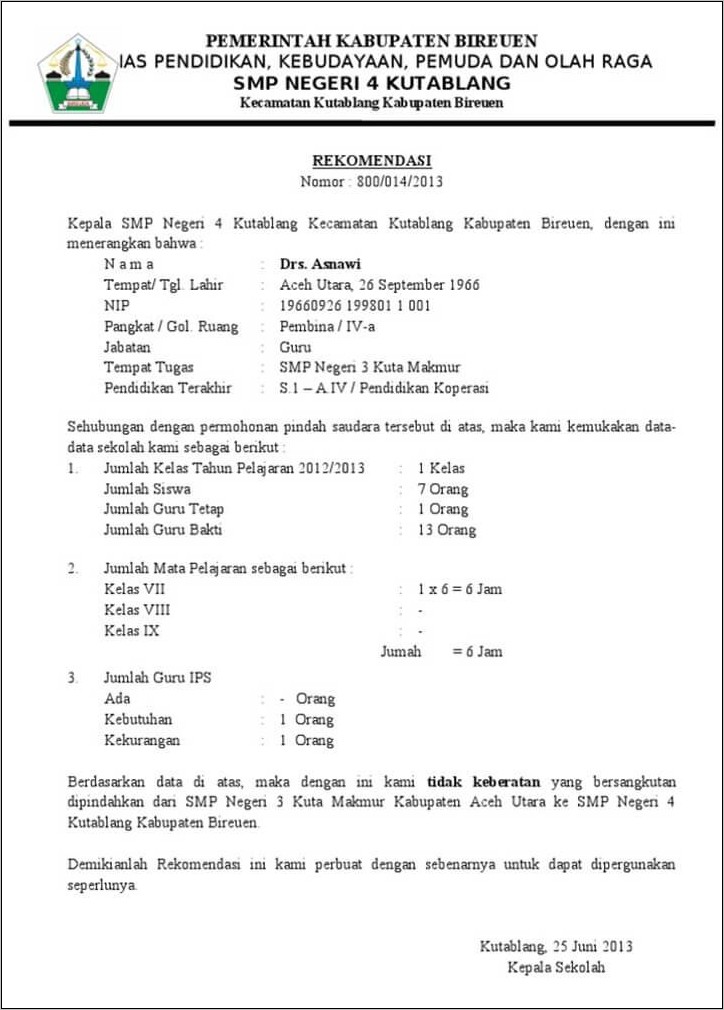 Contoh Surat Permohonan Pindah Kerja Honorer Dalam Skpd