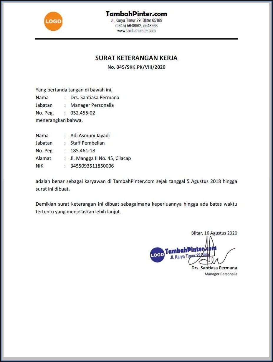 Contoh Surat Permohonan Surat Keterangan Kerja