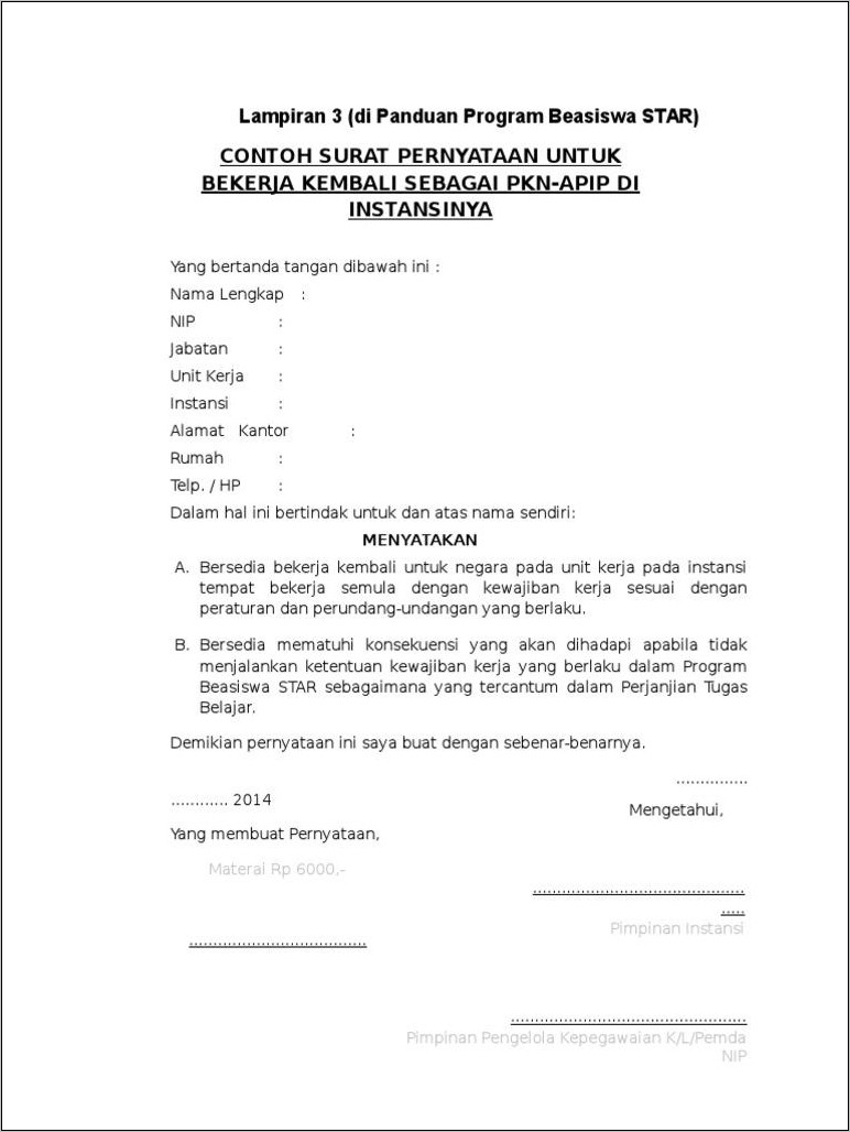 Contoh Surat Pernyataaan Bekerja
