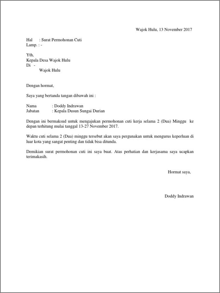 Contoh Surat Pernyataaan Cuti Kerja