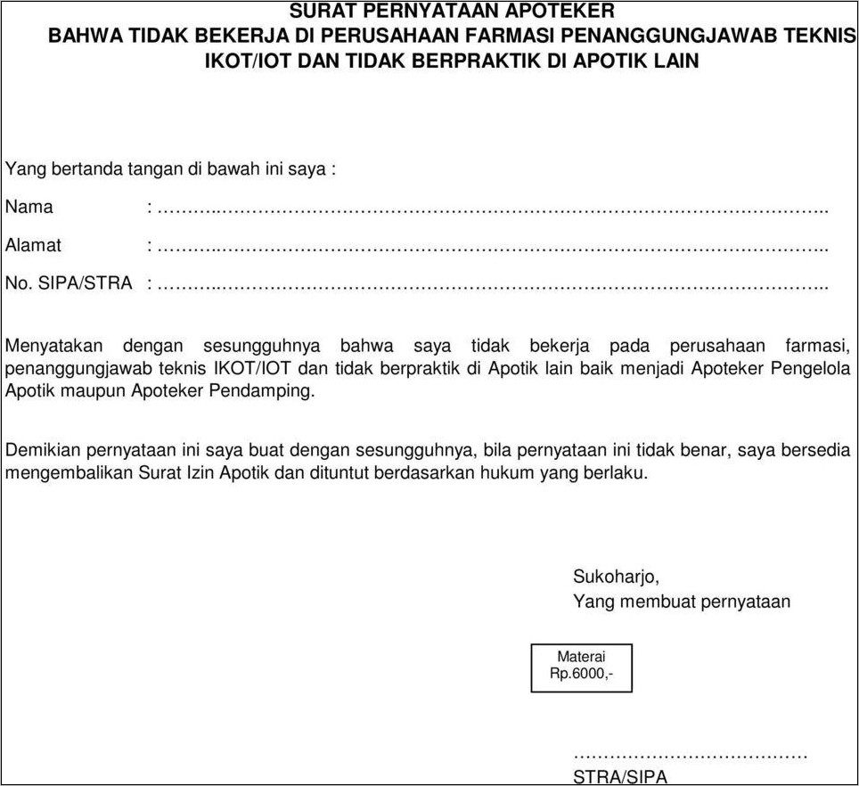 Contoh Surat Pernyataan Apoteker Tidak Bekerja Ditempat Lain