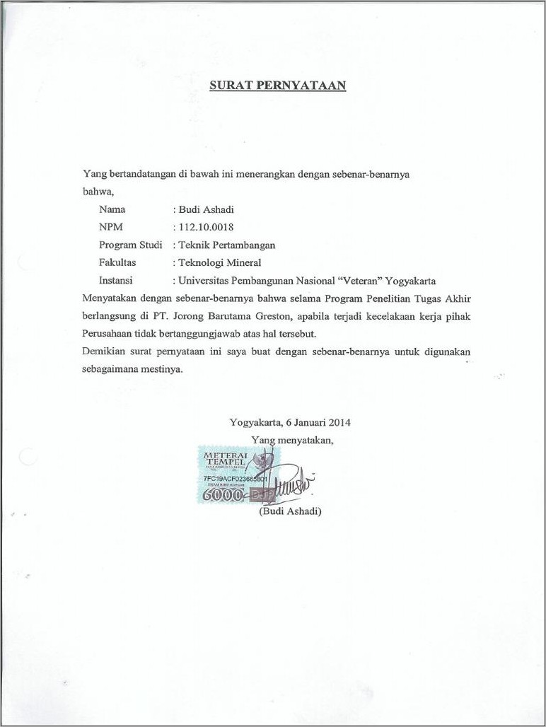 Contoh Surat Pernyataan Bebas Kecelakaan Kerja