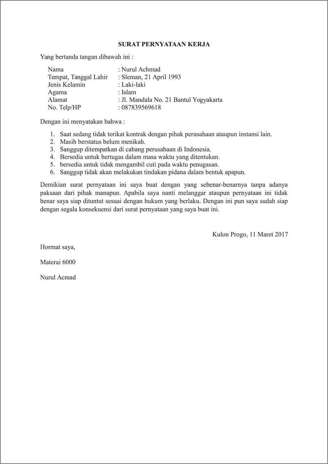 Contoh Surat Pernyataan Bekerja Sendiri