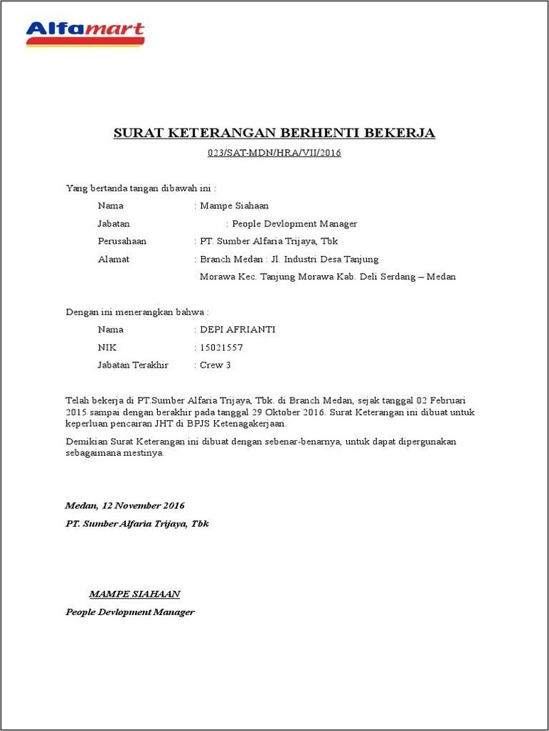 Contoh Surat Pernyataan Berhenti Bekerja