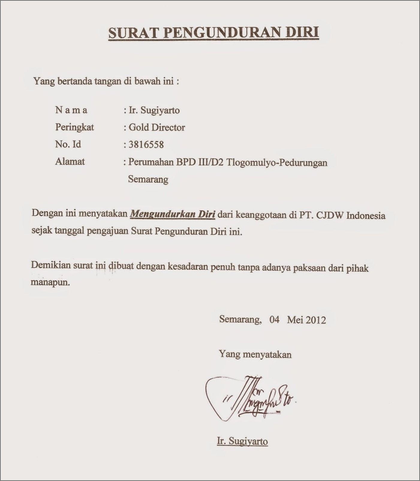 Contoh Surat Pernyataan Berhenti Kerja