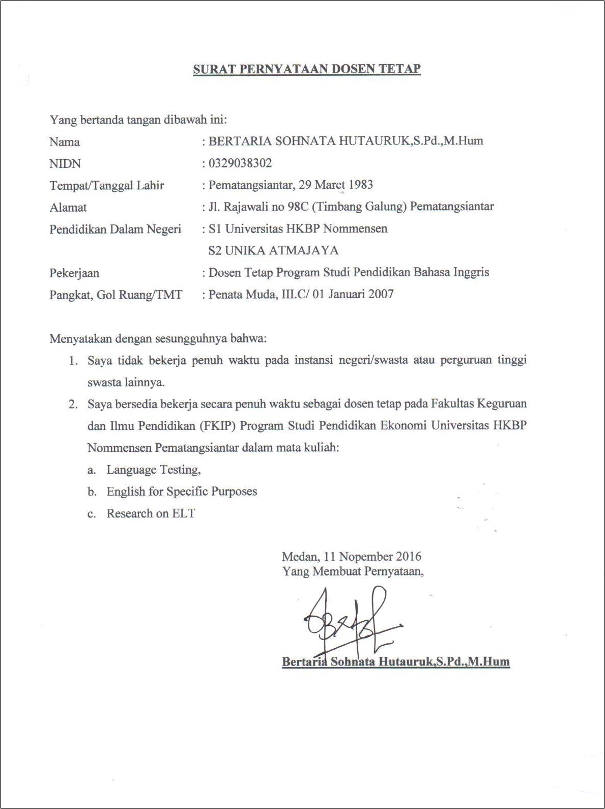 Contoh Surat Pernyataan Bersedia Bekerja Penuh Waktu