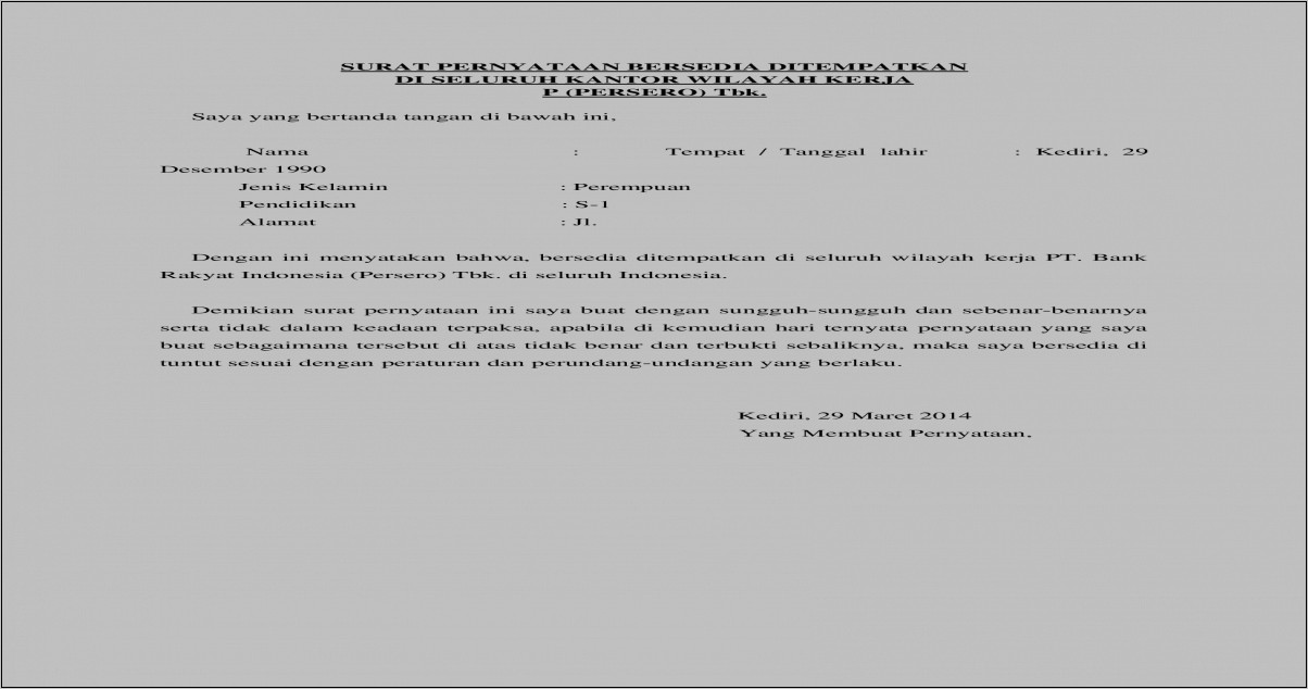 Contoh Surat Pernyataan Bersedia Ditempatkan Diseluruh Unit Kerja Bri 2019