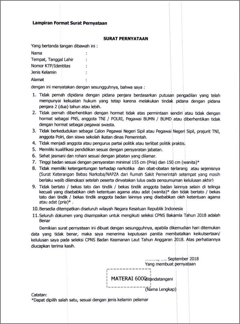 Contoh Surat Pernyataan Bersedia Ditempatkan Diseluruh Unit Kerja Bri