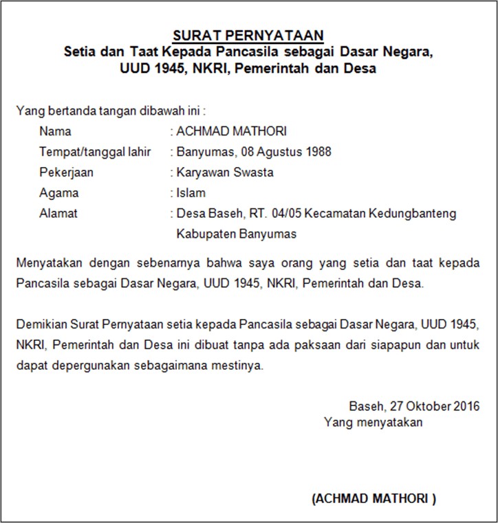 Contoh Surat Pernyataan Bersedia Ditempatkan Diwilayah Kerja