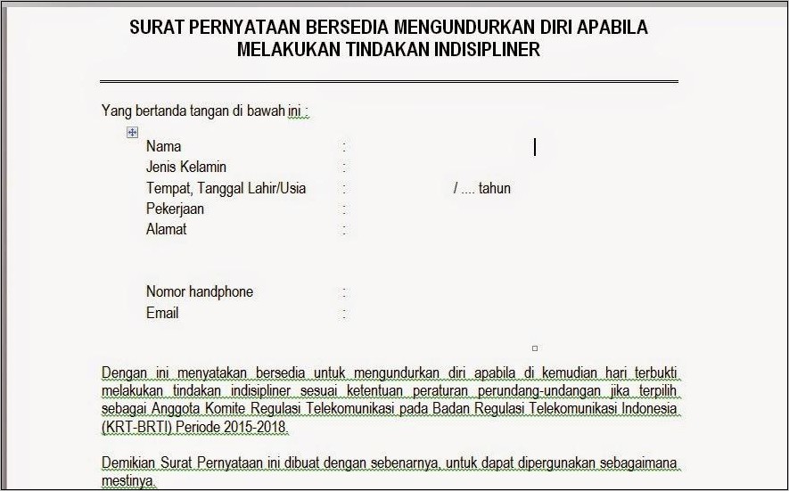 Contoh Surat Pernyataan Bersedia Tidak Pindah Ke Unit Kerja Lain