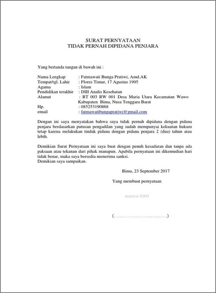 Contoh Surat Pernyataan Diri Siap Bekerja