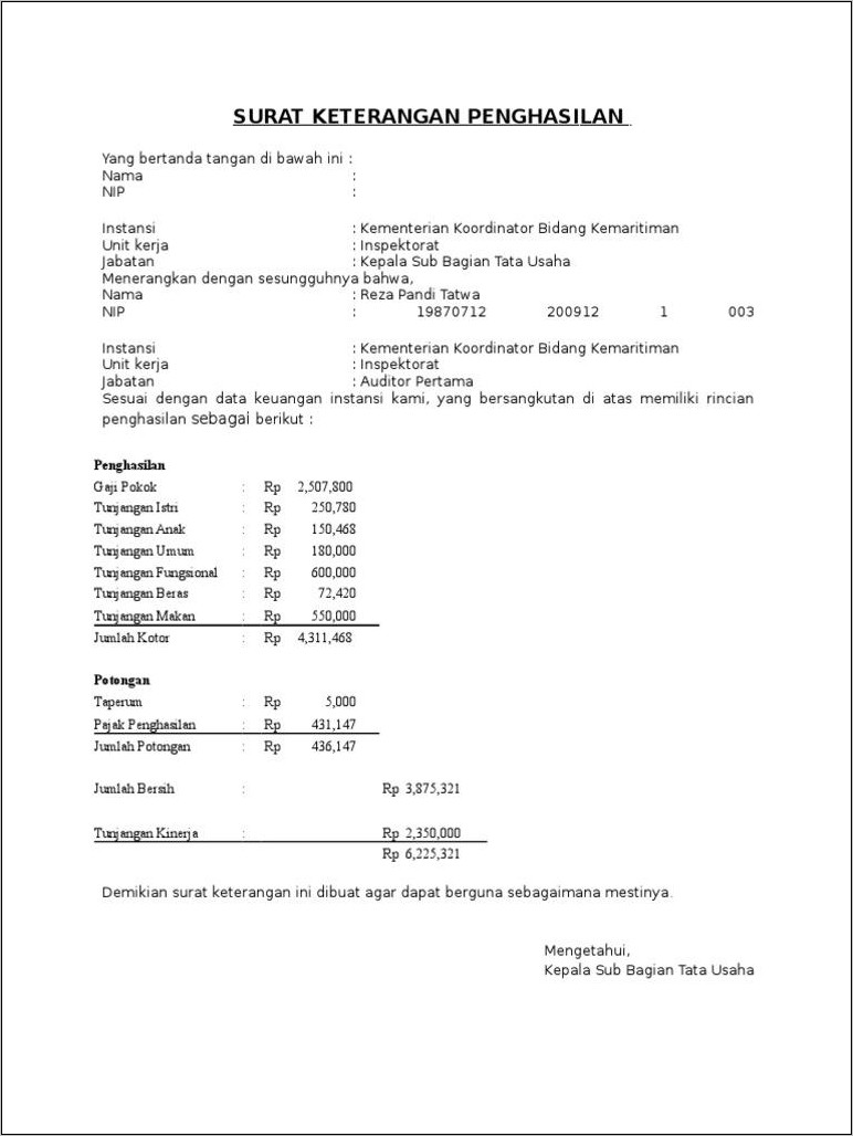 Contoh Surat Pernyataan Gaji Orangtua Yang Tidak Bekerja