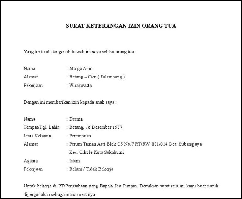 Contoh Surat Pernyataan Ijin Orangtua Untuk Melamar Kerja