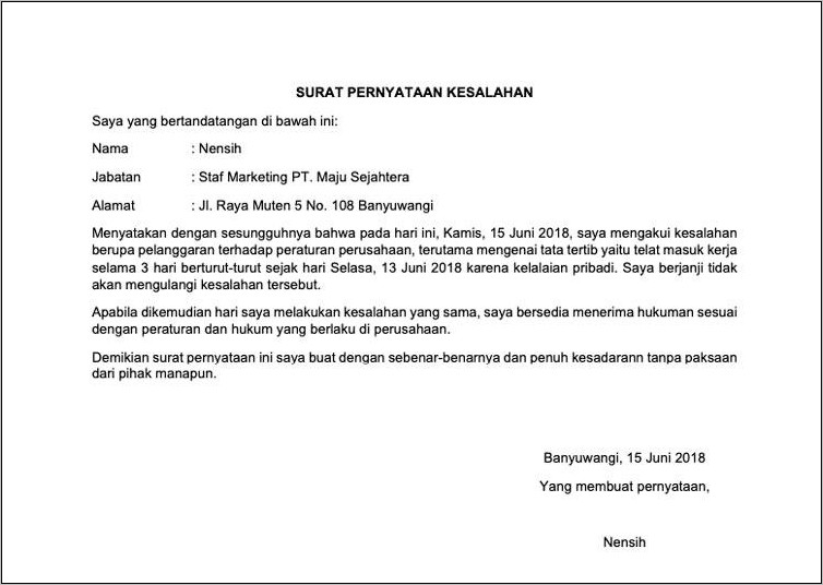 Contoh Surat Pernyataan Kesalahan Kerja Karyawan Surat Lamaran Kerja