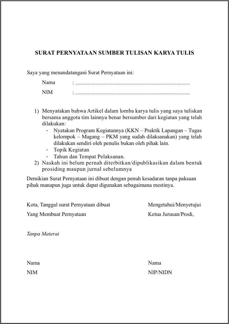 Contoh Surat Pernyataan Kepemilikan Kompetensi Kerja