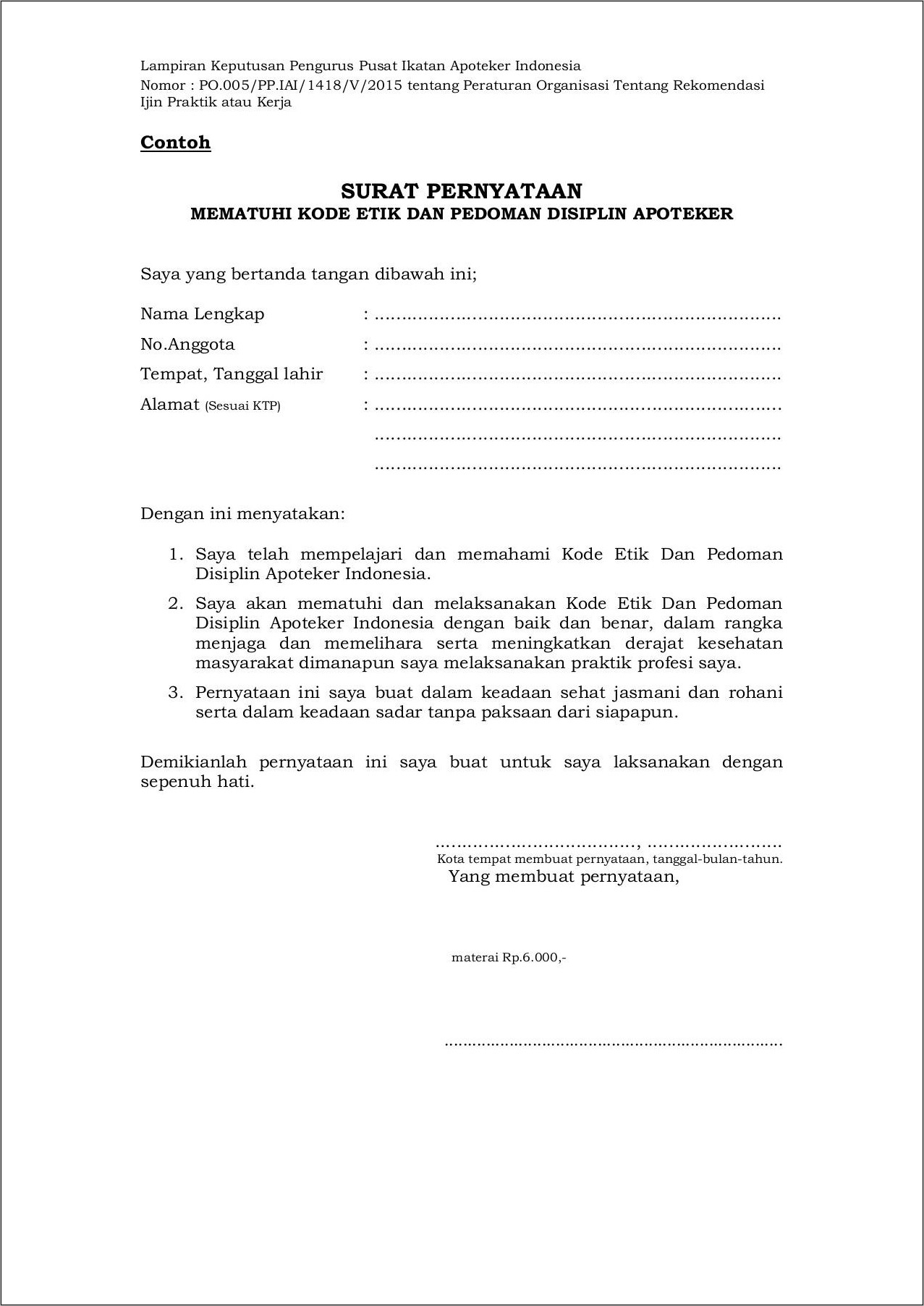 Contoh Surat Pernyataan Kerja Apoteke