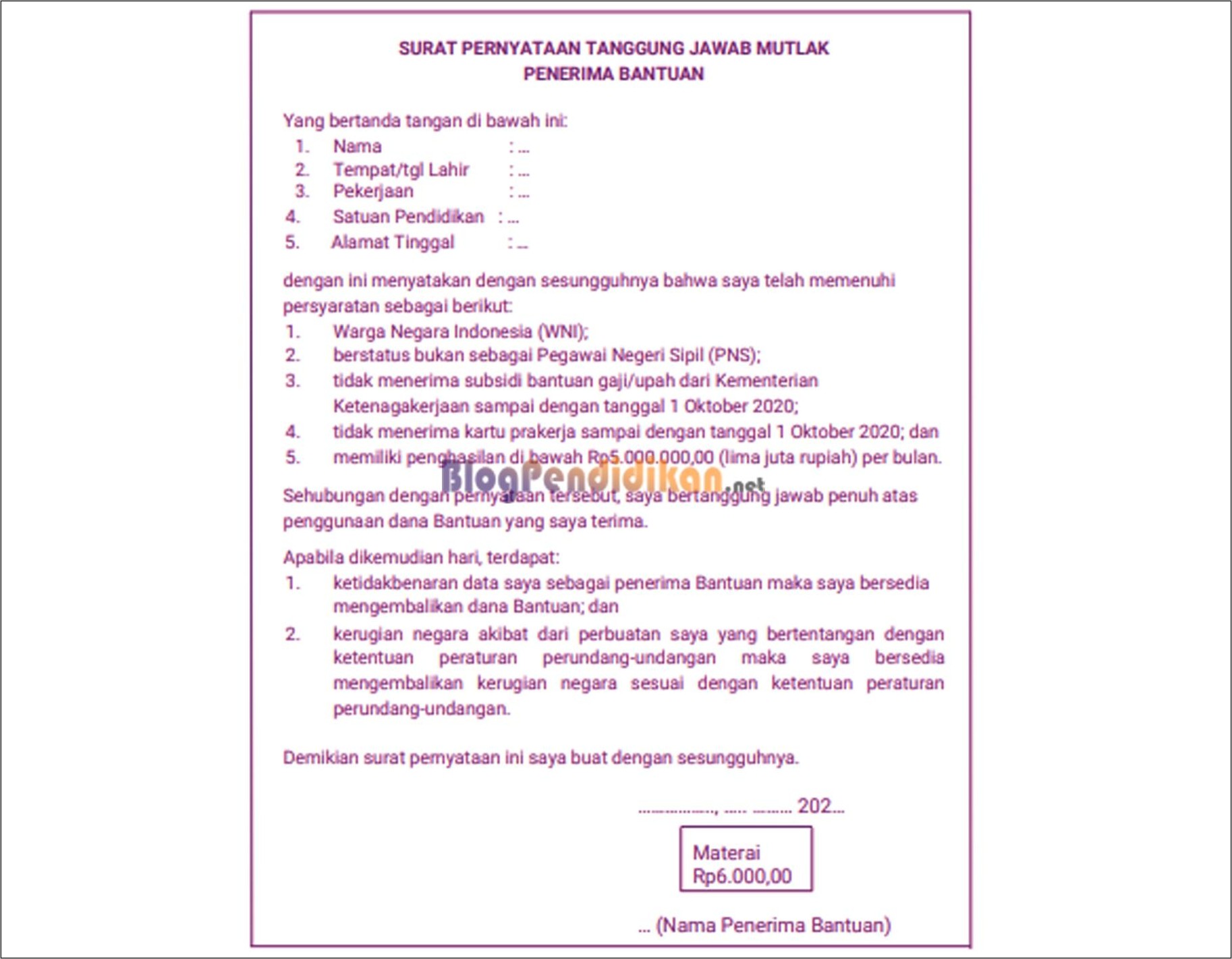 Contoh Surat Pernyataan Kerja Guru Honorer