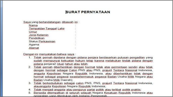 Contoh Surat Pernyataan Kerja Pemda