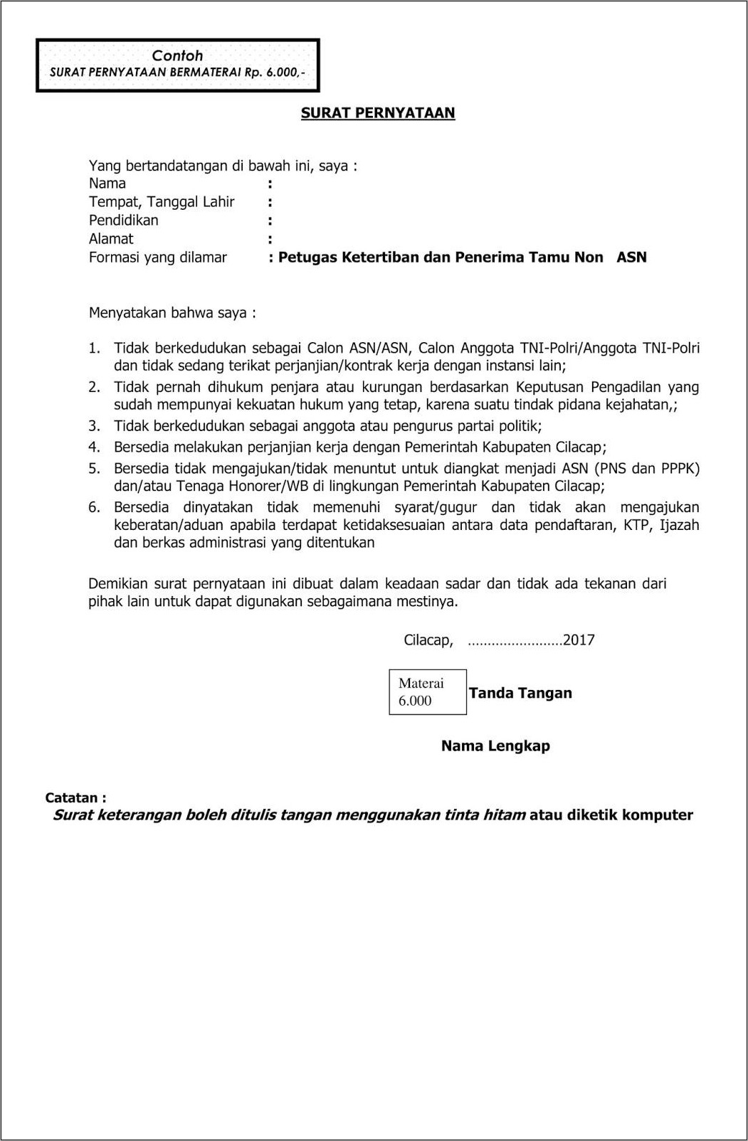 Contoh Surat Pernyataan Kerja Pns