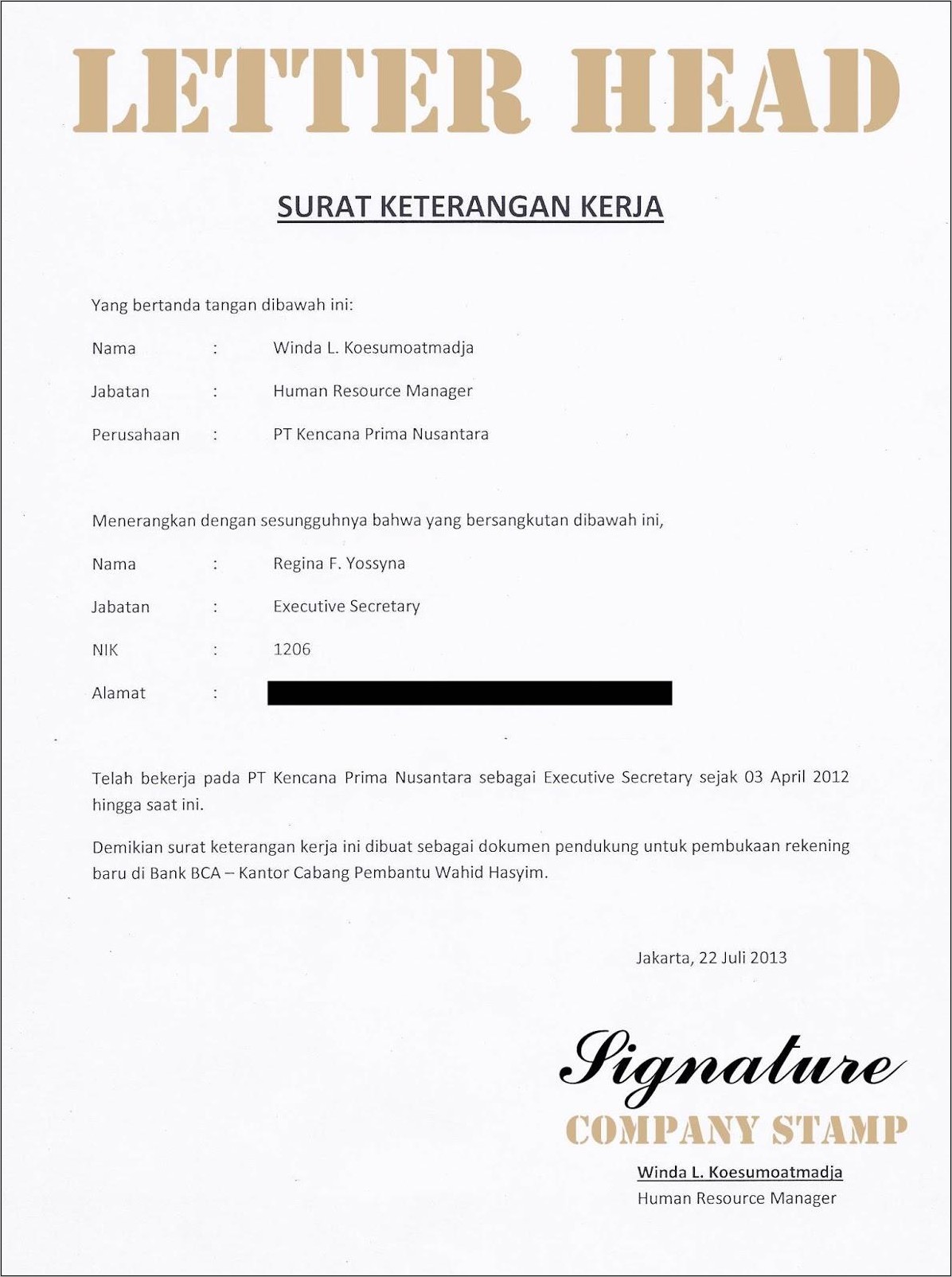 Contoh Surat Pernyataan Kerja Untuk Visa