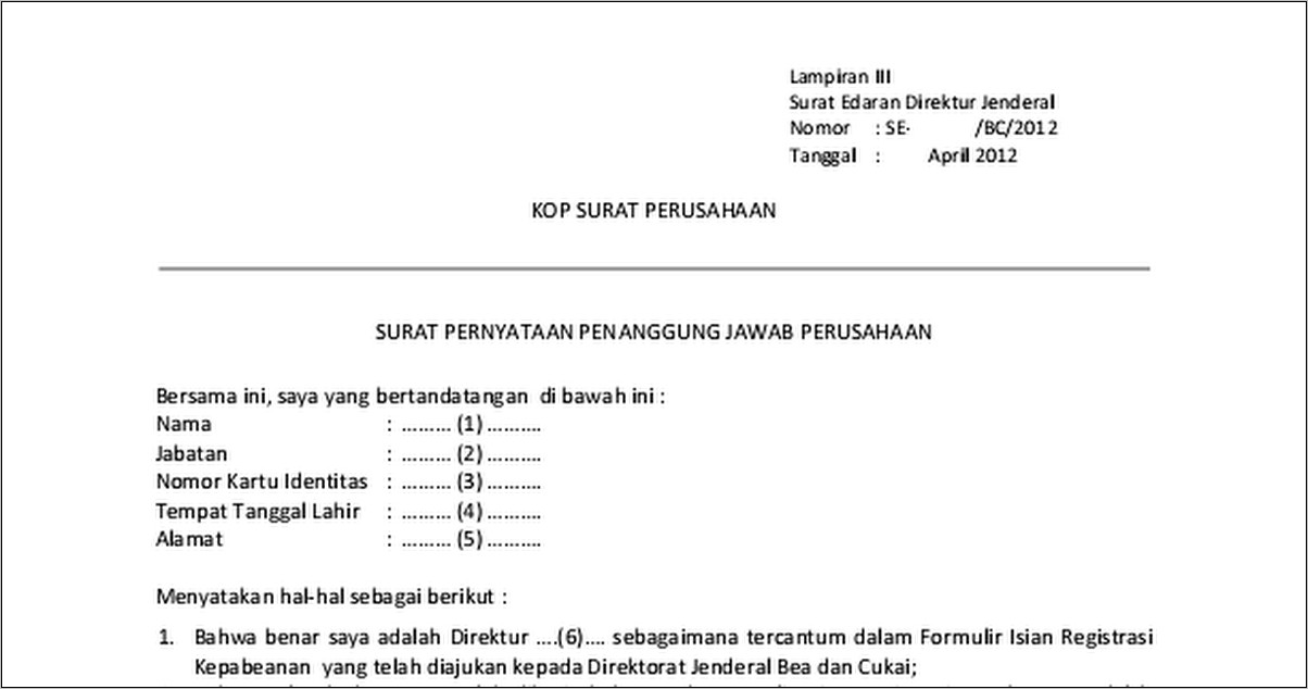 Contoh Surat Pernyataan Kesediaan Bekerja Penanggung Jawab Bpom