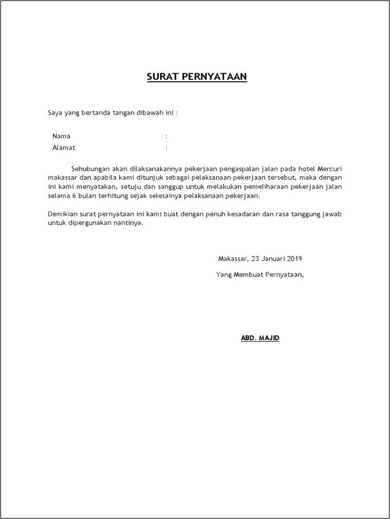 Contoh Surat Pernyataan Masa Perawatan Pekerjaan