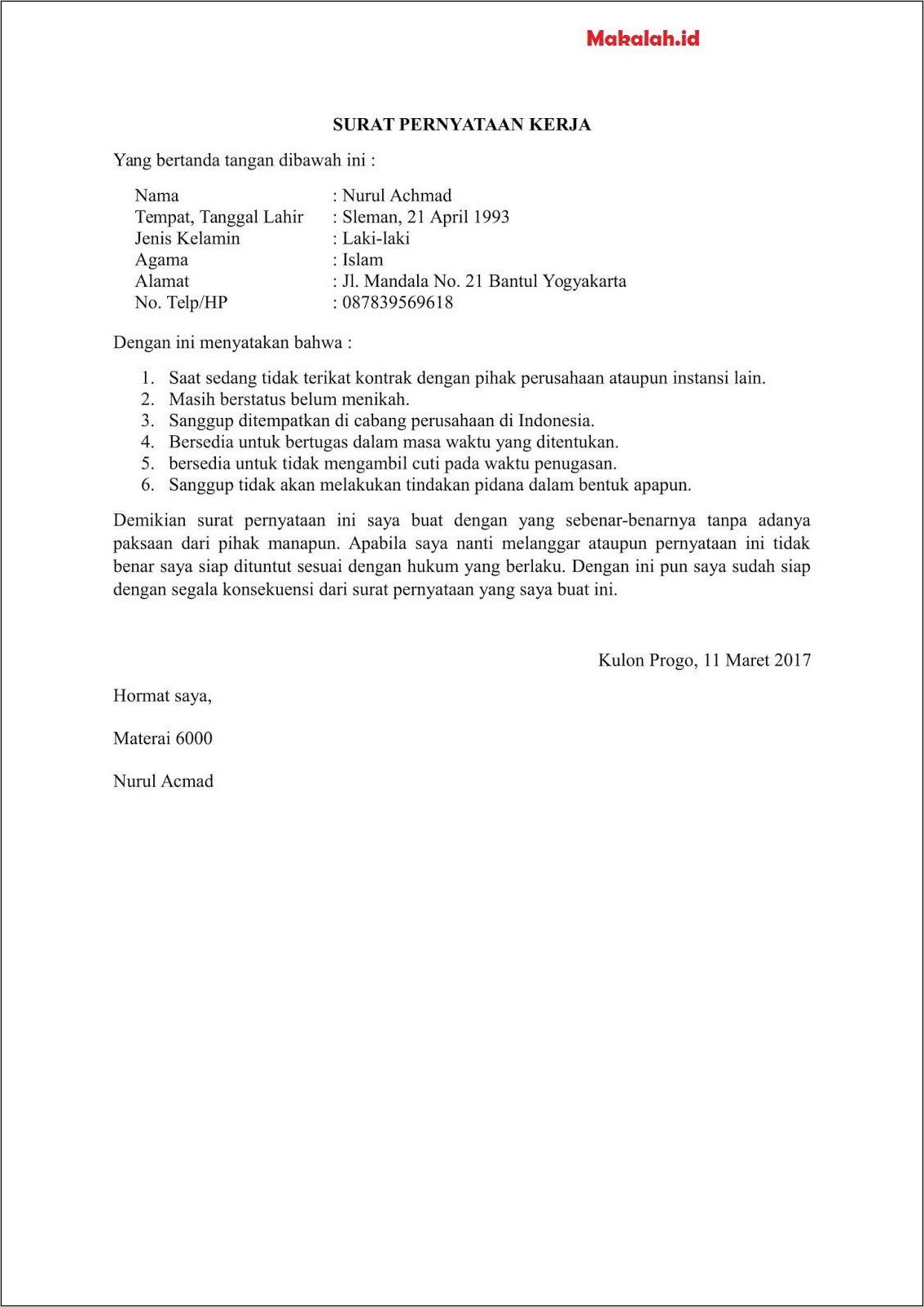 Contoh Surat Pernyataan Memiliki Tempat Kerja