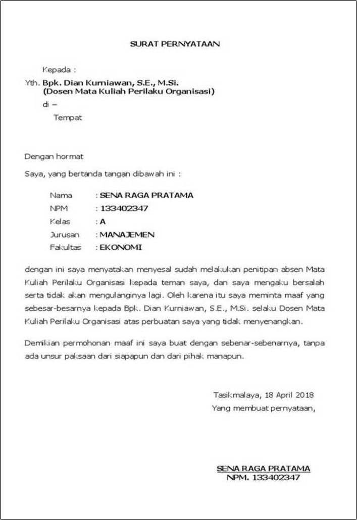 Contoh Surat Pernyataan Memperbaiki Absensi Kerja