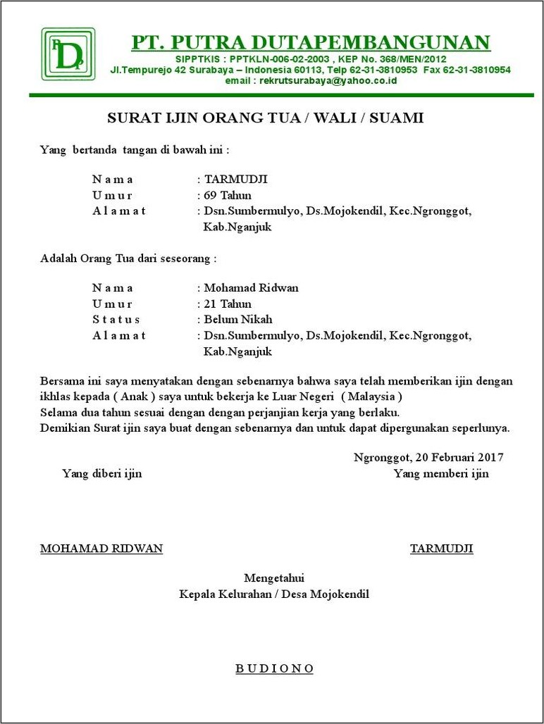 Contoh Surat Pernyataan Orang Tua Untuk Bekerja Di Luar Negeri