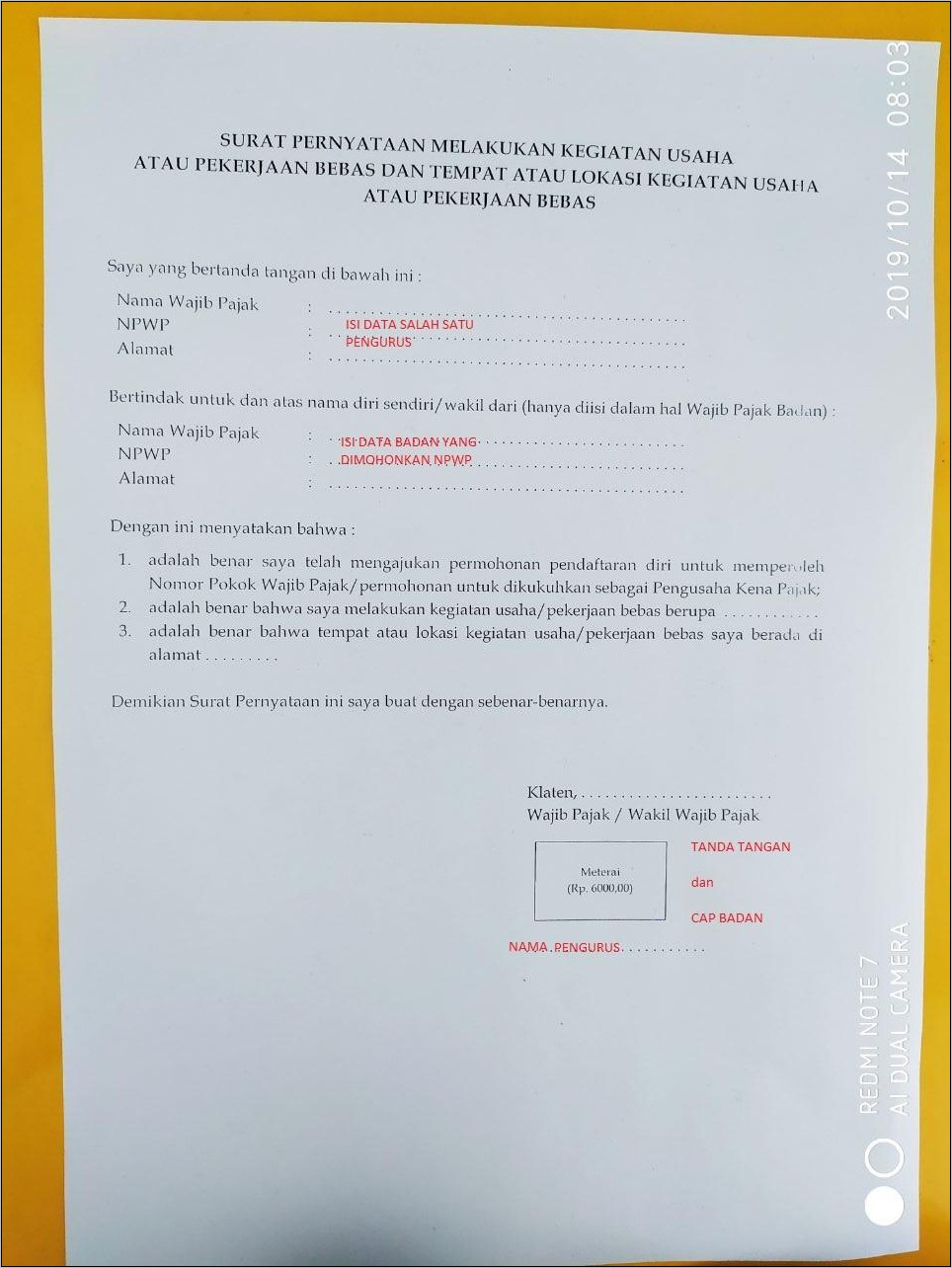 Contoh Surat Pernyataan Pekerjaan Bebas Npwp