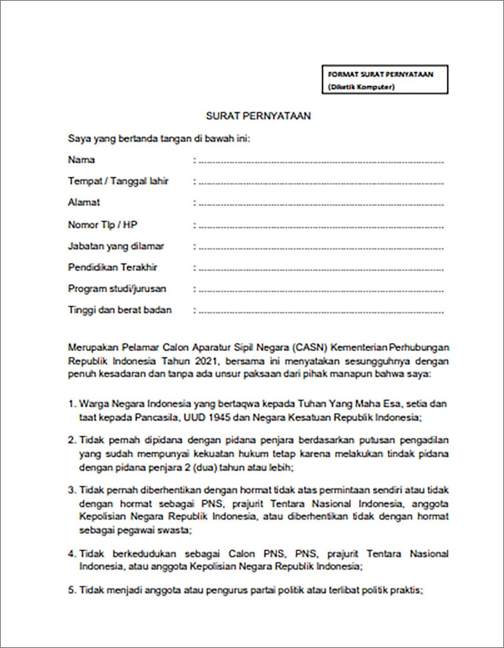 Contoh Surat Pernyataan Pelamar Cpns Ombudsman