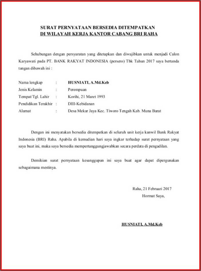 Contoh Surat Pernyataan Pertanggungjawaban Kedisiplinan Kerja