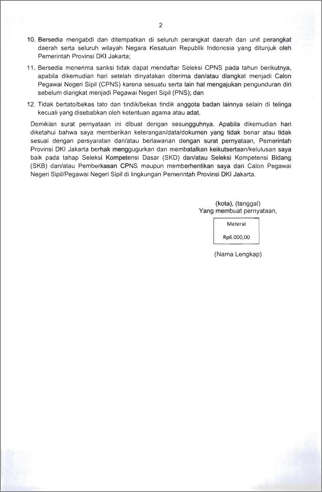Contoh Surat Pernyataan Sama Lamaran Kerja Cpns 2019