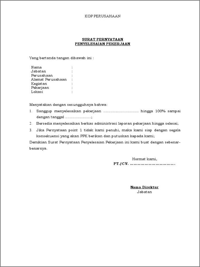 Contoh Surat Pernyataan Sanggup Menyelesaikan Pekerjaan