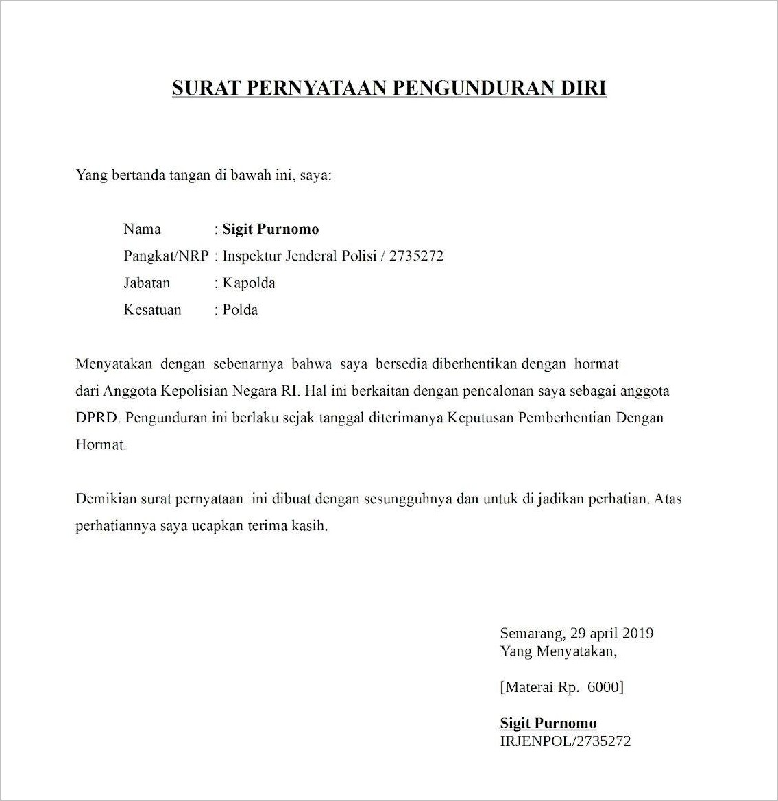 Contoh Surat Pernyataan Tidak Memiliki Orang Tua Bekerja Sebagai Pns