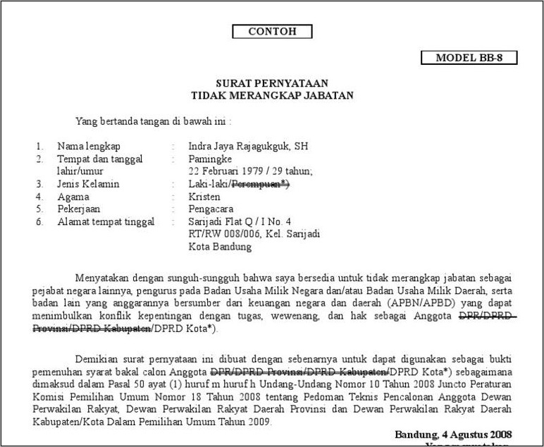 Contoh Surat Pernyataan Tidak Merangkap Kerja