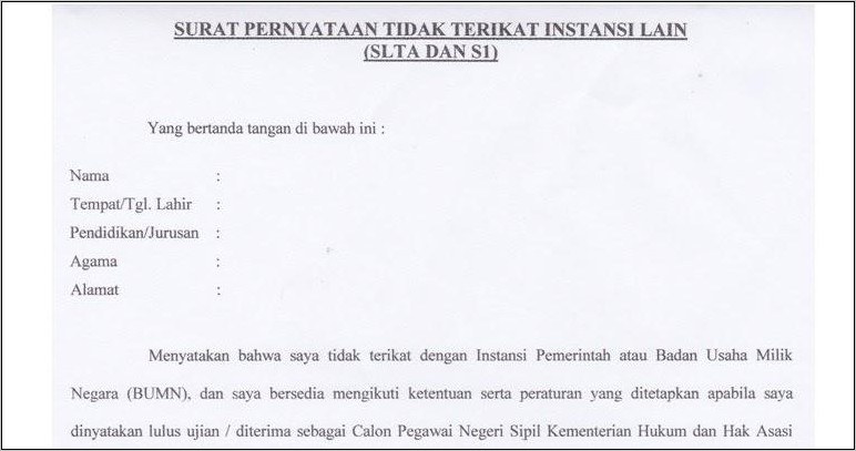 Contoh Surat Pernyataan Tidak Terikat Kerja Dengan Perusahaan Lain