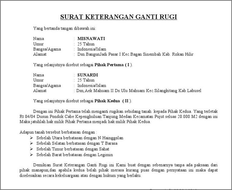 Contoh Surat Pernyataan Tuntutan Ganti Rugi Pekerjaan