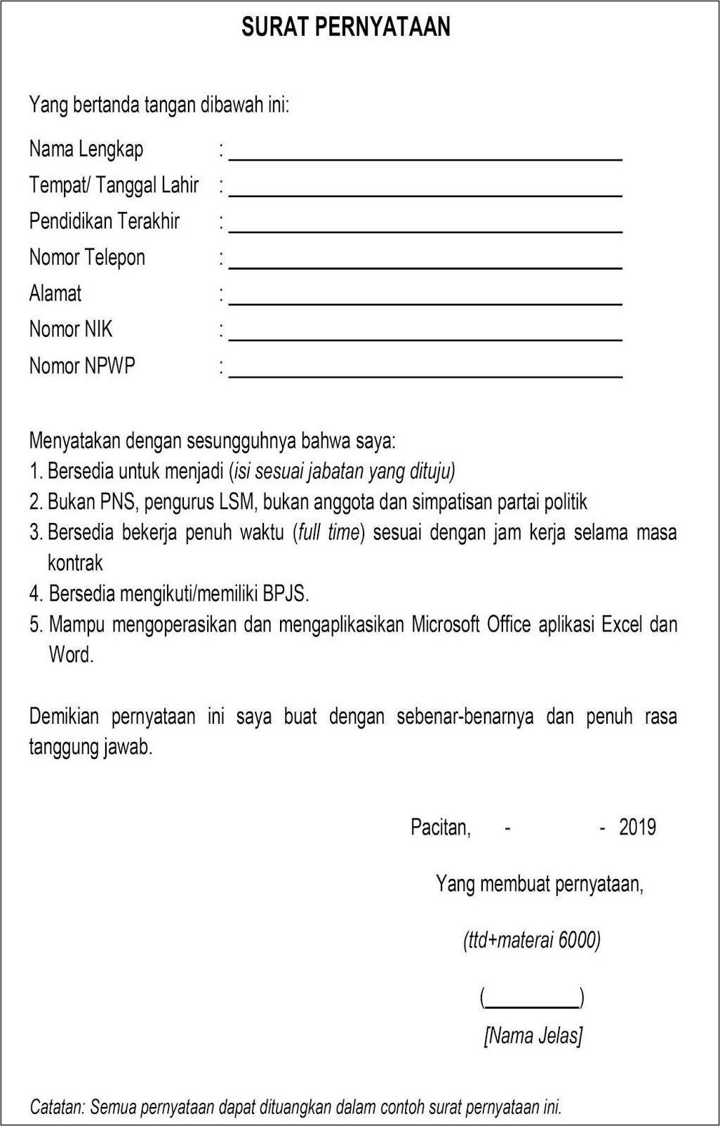 Contoh Surat Pernyataan Untuk Bekerja Penuh Waktu