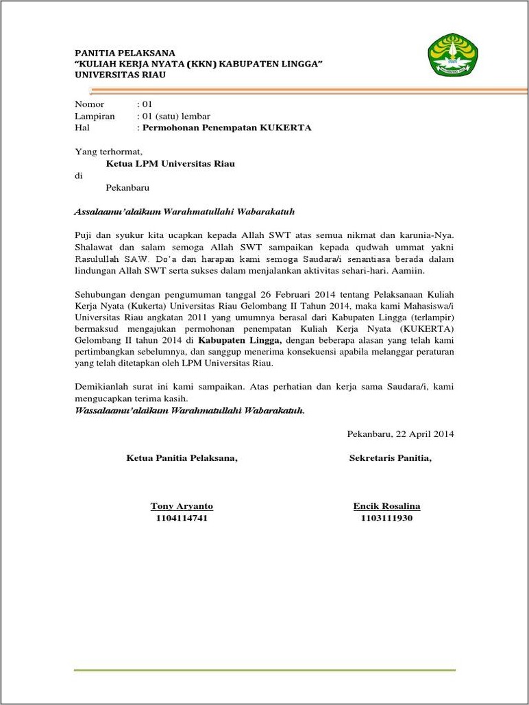 Contoh Surat Persetujaun.program Kerja Kkn