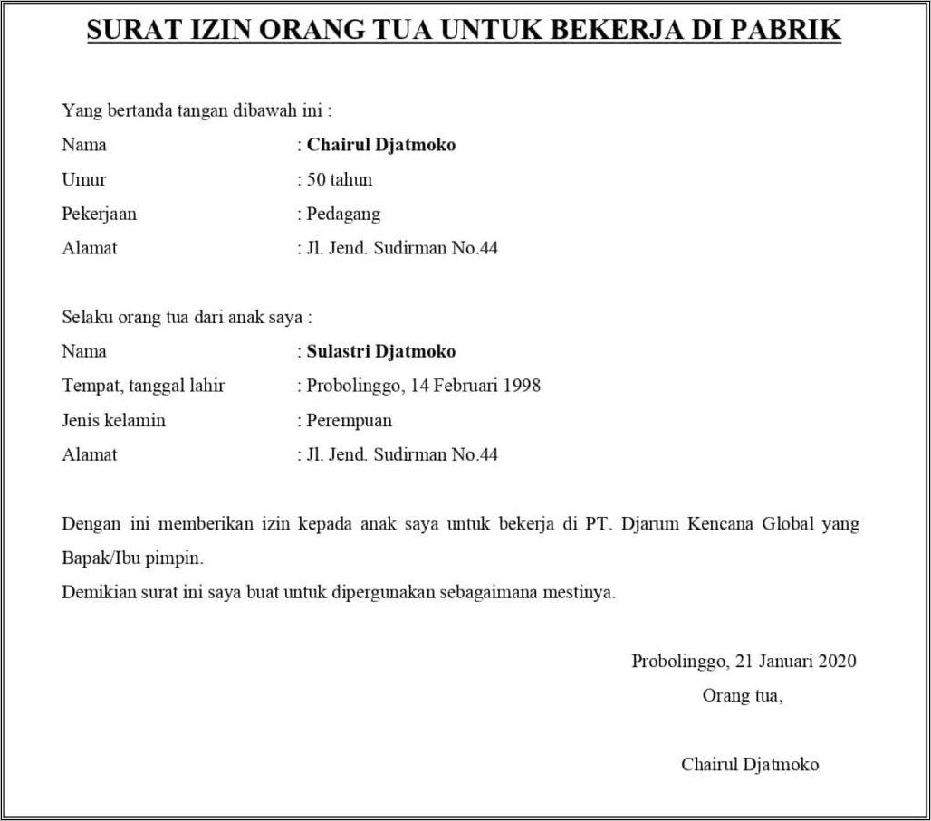 Contoh Surat Persetujuan Wali Untuk Kerja