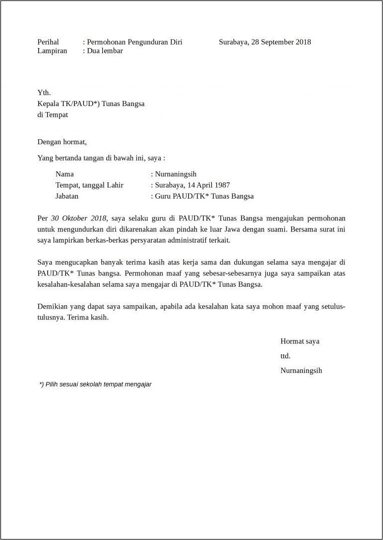 Contoh Surat Pribadi Jawa Mohon Resu Menjalankan Kerja