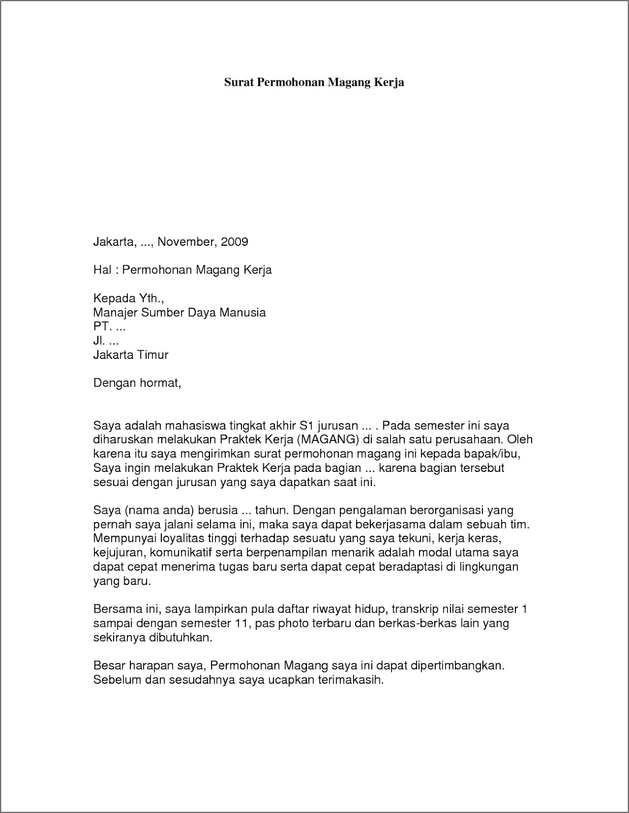 Contoh Surat Pribadi Untuk Praktik Kerja Mahasiswa