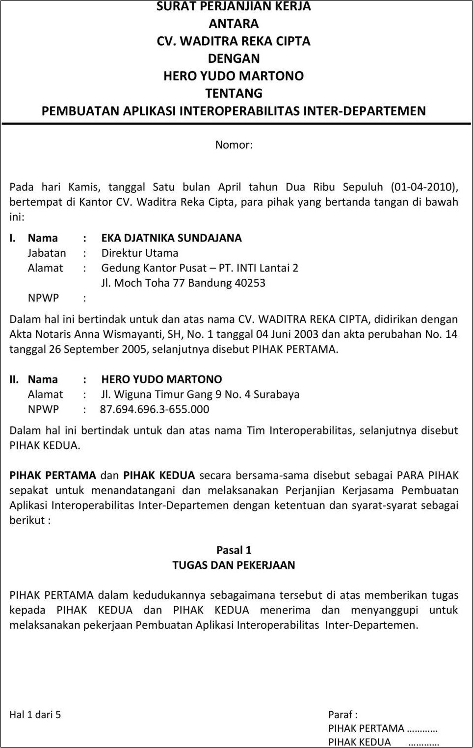 Contoh Surat Rancangan Perjanjian Kerja Atau Perjanjian Pekerjaan