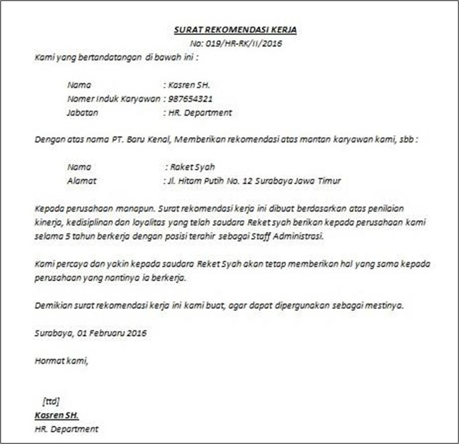 Contoh Surat Referensi Kerja Dari Atasan