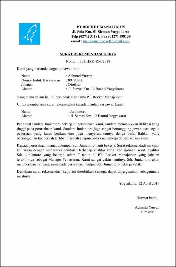 Contoh Surat Rekomendasi Dosen Untuk Melamar Pekerjaan