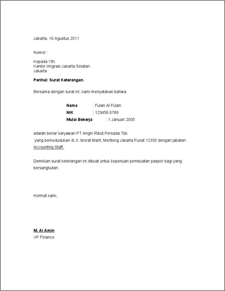 Contoh Surat Rekomendasi Kerja Dari Atasan