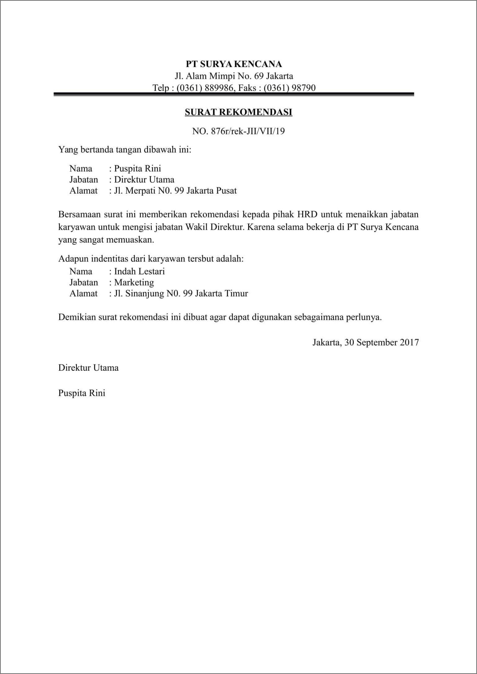 Contoh Surat Rekomendasi Kerja Resmi  Surat Lamaran Kerja  Desain