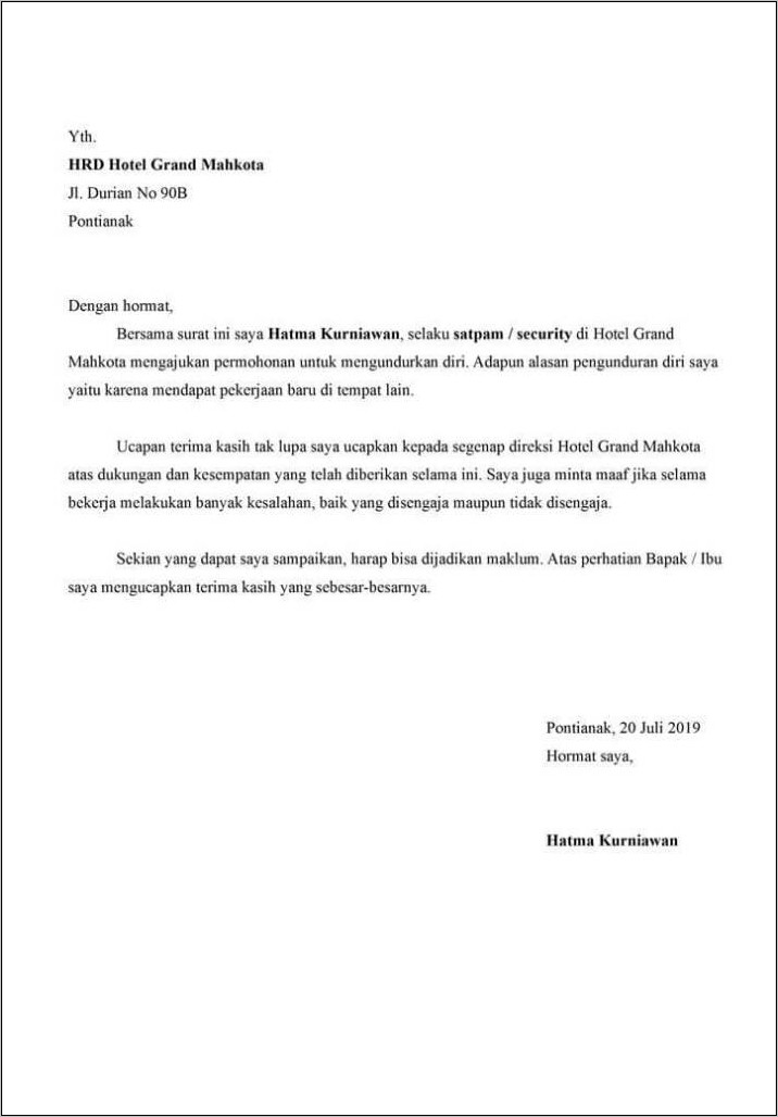 Contoh Surat Resain Dari Pekerjaan