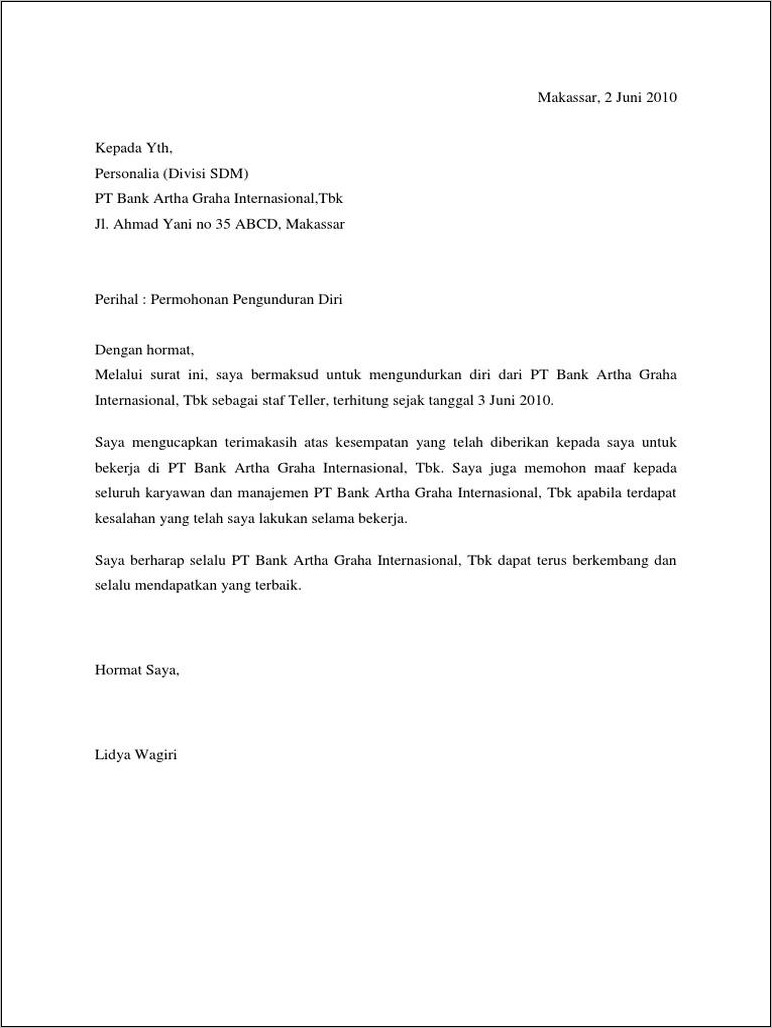 Contoh Surat Resign Kerja Di Rumah Sakit